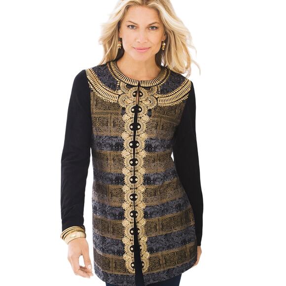 Chicos Ornamental Embellishment Metallic Print Sequins Bugle Beads Jacket Sz M - Picture 1 of 10